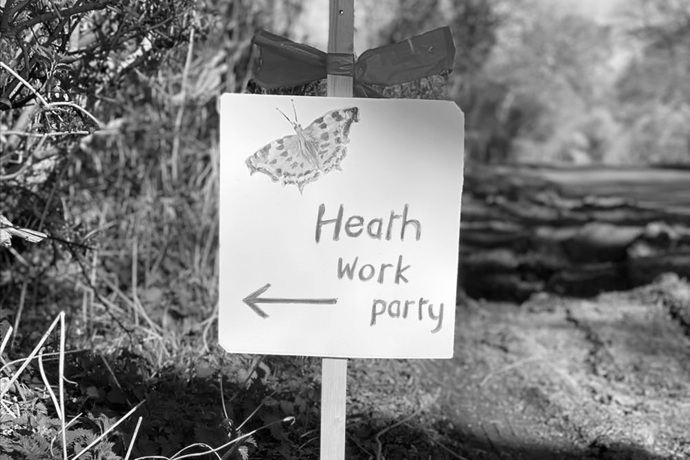 Hand-drawn sign, featuring a butterfly, with the words Heath Work Party and an arrow pointing to the left.