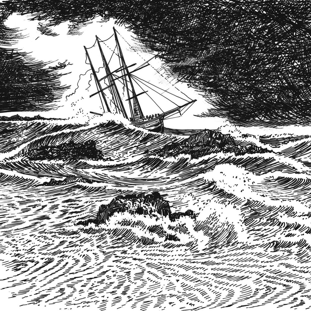 Pen and ink drawing of a large sailing ship on high waves.